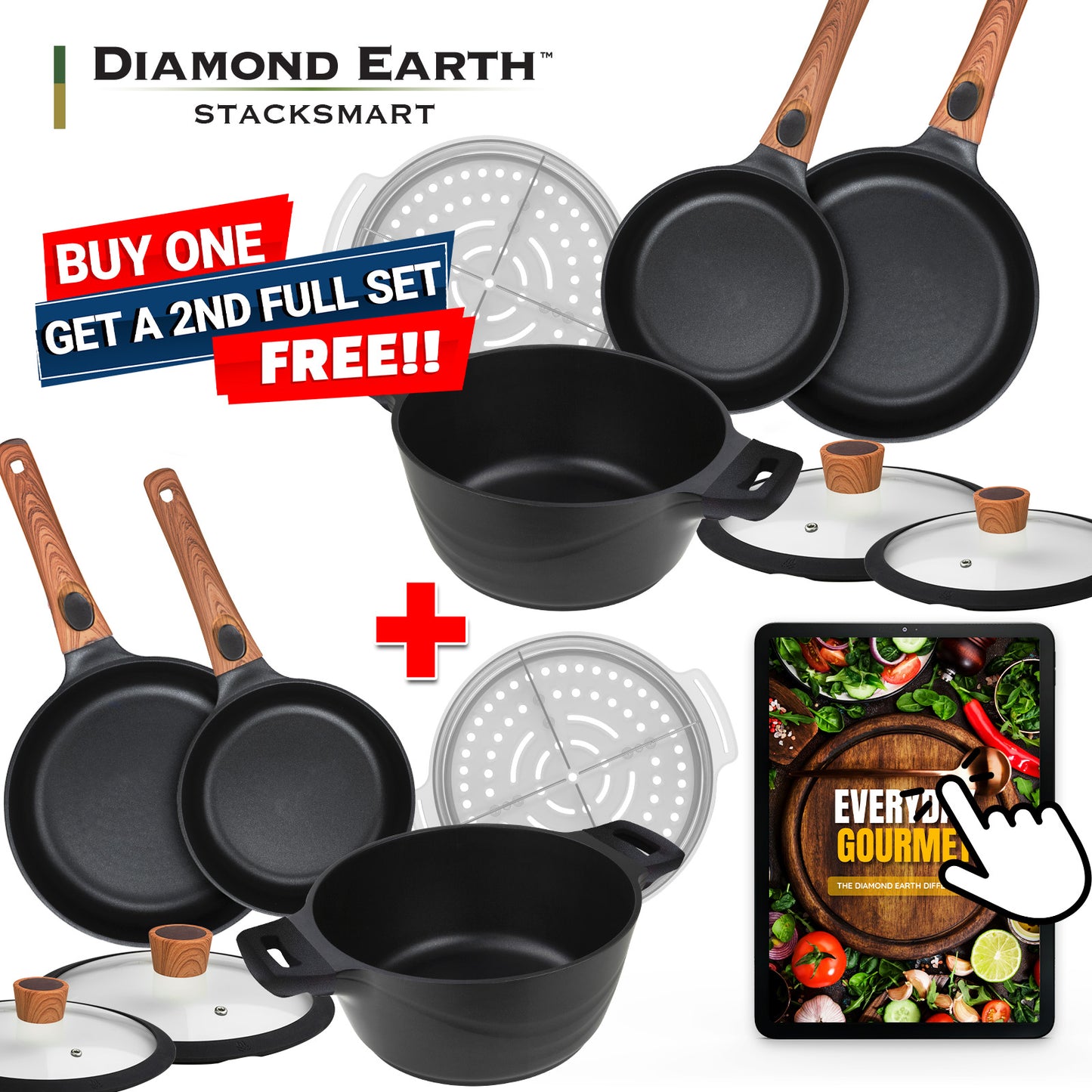 Diamond Earth® StackSmart 6pc Cookware Set with Detachable Handles + FREE Second Set + FREE e-Book